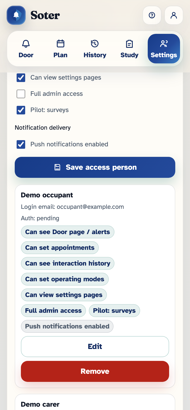 A saved access person card for the demo occupant, listing permission chips for every enabled permission, with Edit and Remove buttons, and the demo carer's card beginning below