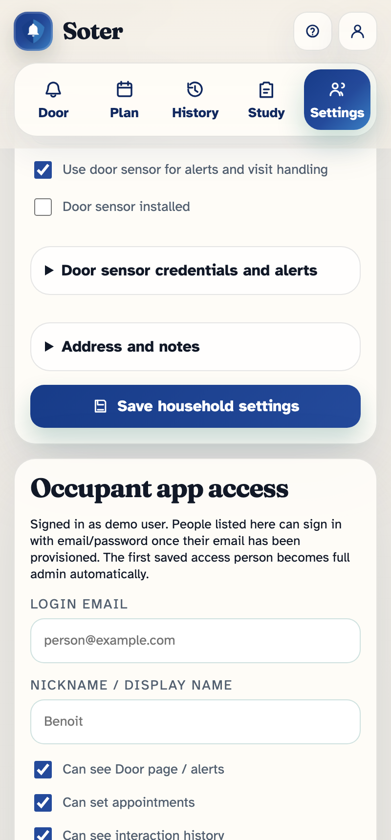 The Occupant app access section: fields for login email and display name, followed by the permission checkboxes such as Can see Door page / alerts and Can set appointments