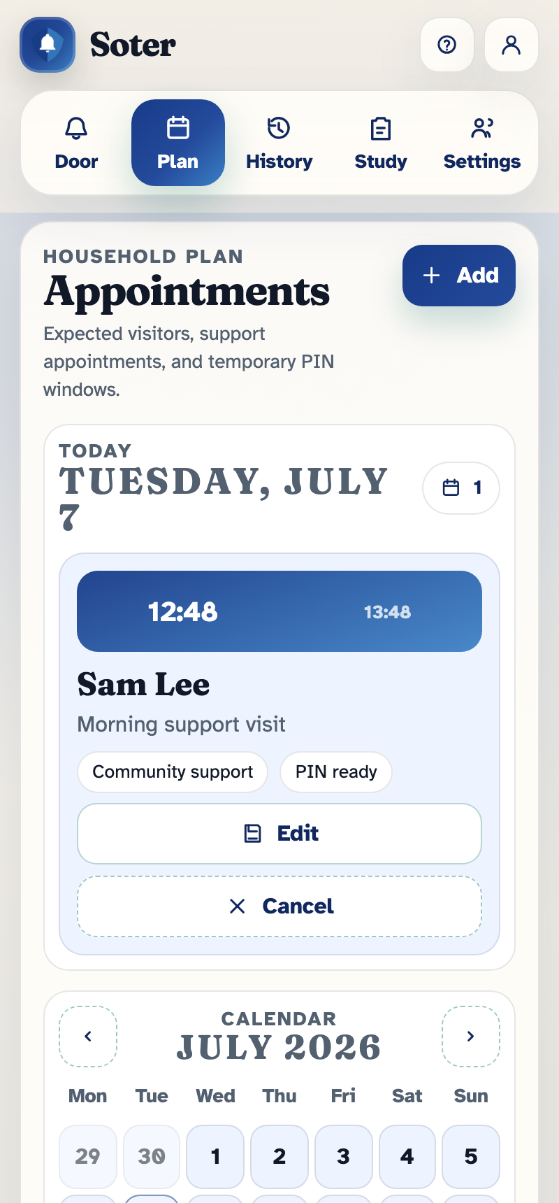 The Plan tab showing today's appointment — a morning support visit from Mere Wilson with community support and PIN ready tags — above the month calendar