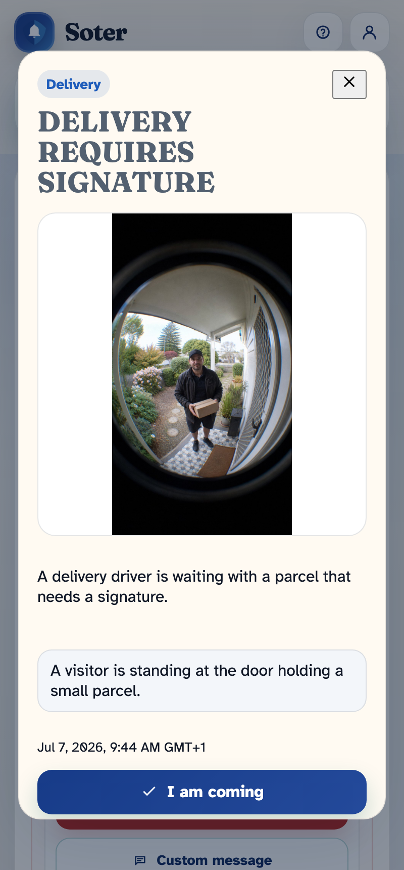 The alert detail view, with the scene description 'A person in a high-visibility jacket is standing near the front door holding a parcel' and the full set of response buttons