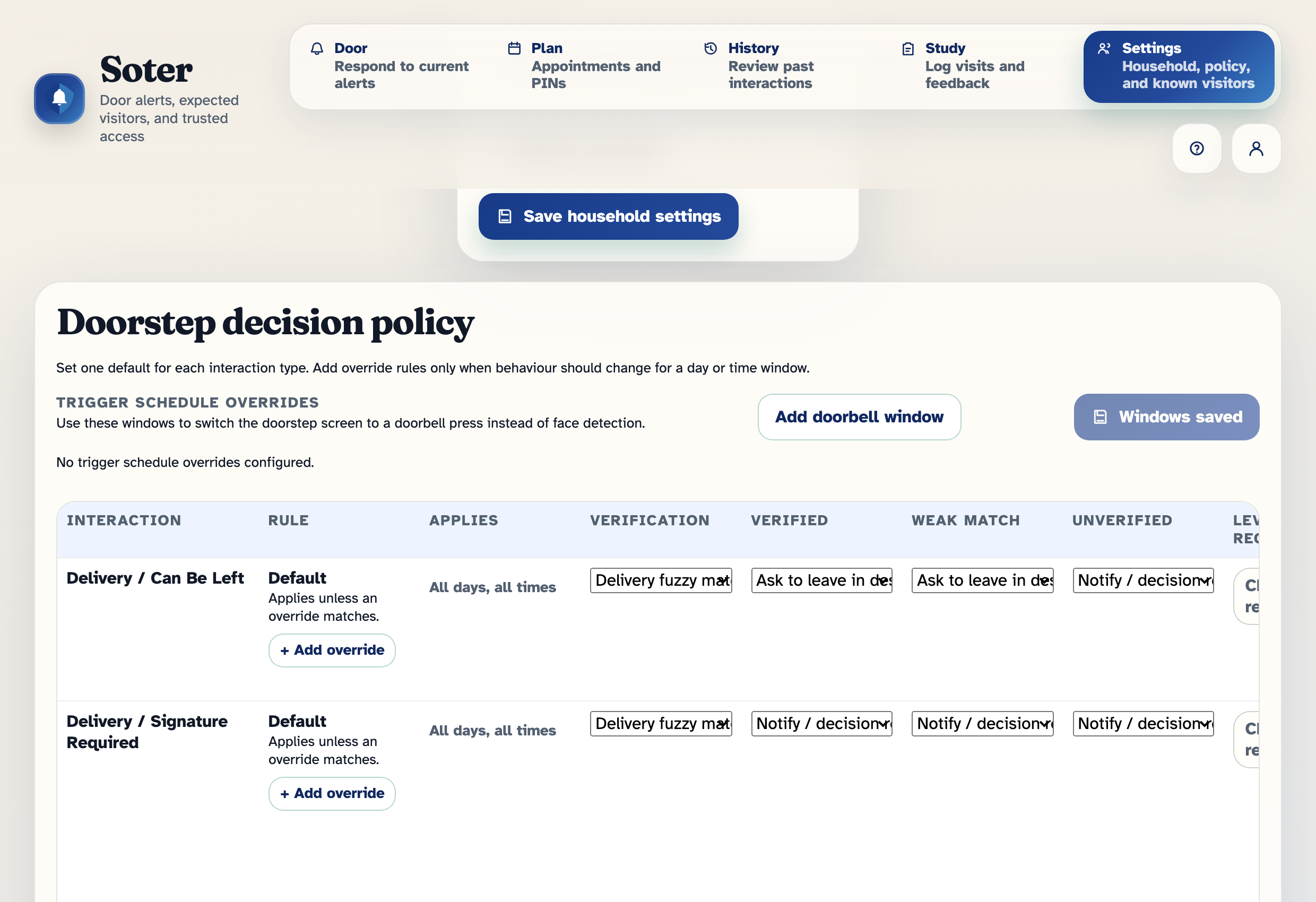 The doorstep decision policy matrix on a desktop screen: rows for each delivery type with columns for rule, schedule, verification method, and the actions taken when verified, weakly matched, or unverified