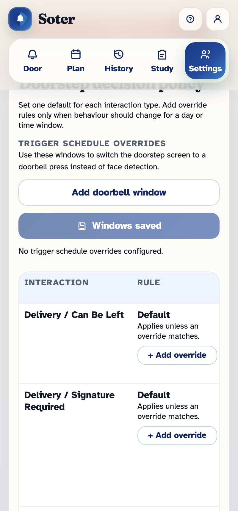 The doorstep decision policy editor: an interaction and rule table with Default rows for each delivery type, each with an Add override button, below the trigger schedule overrides section