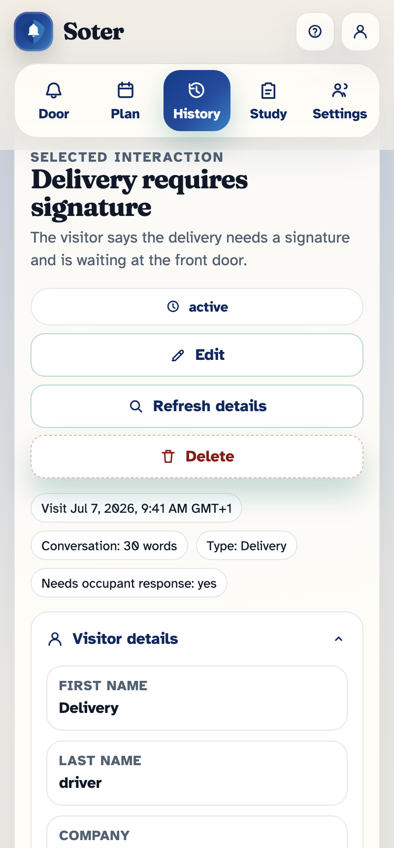 An open history entry for a delivery driver, showing the visit time, conversation length, visit type, and the visitor details panel