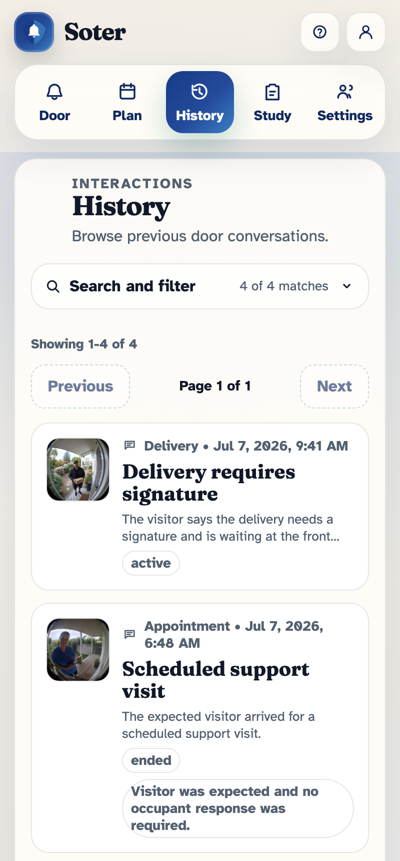The History tab listing a delivery driver interaction and a completed known-visitor carer visit, with search and filter controls