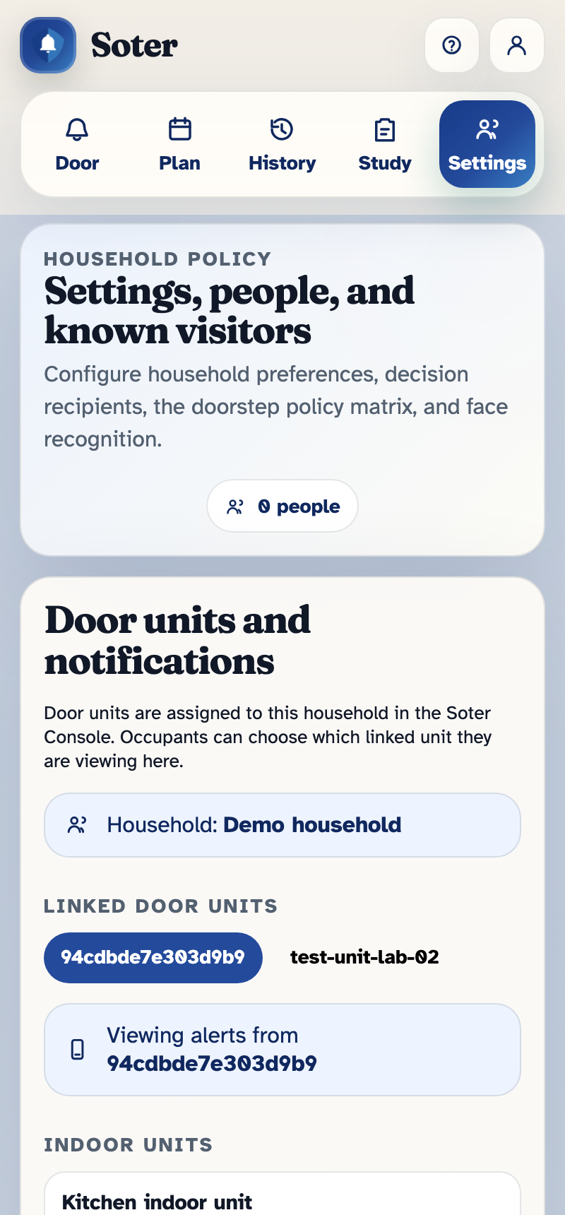 The Door units and notifications section, showing the active household, the linked door units, and the start of the indoor units list