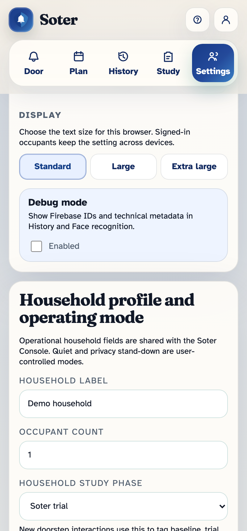 The Household profile and operating mode section, showing the household label, occupant count, and study phase fields, with the per-person display text-size options above