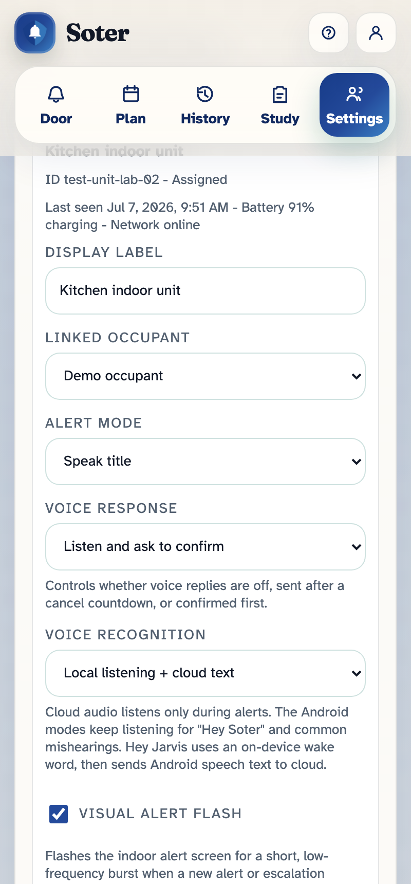 Settings for a kitchen indoor unit: display label, linked occupant, alert mode set to speak title, voice response set to listen and ask to confirm, and a visual alert flash toggle