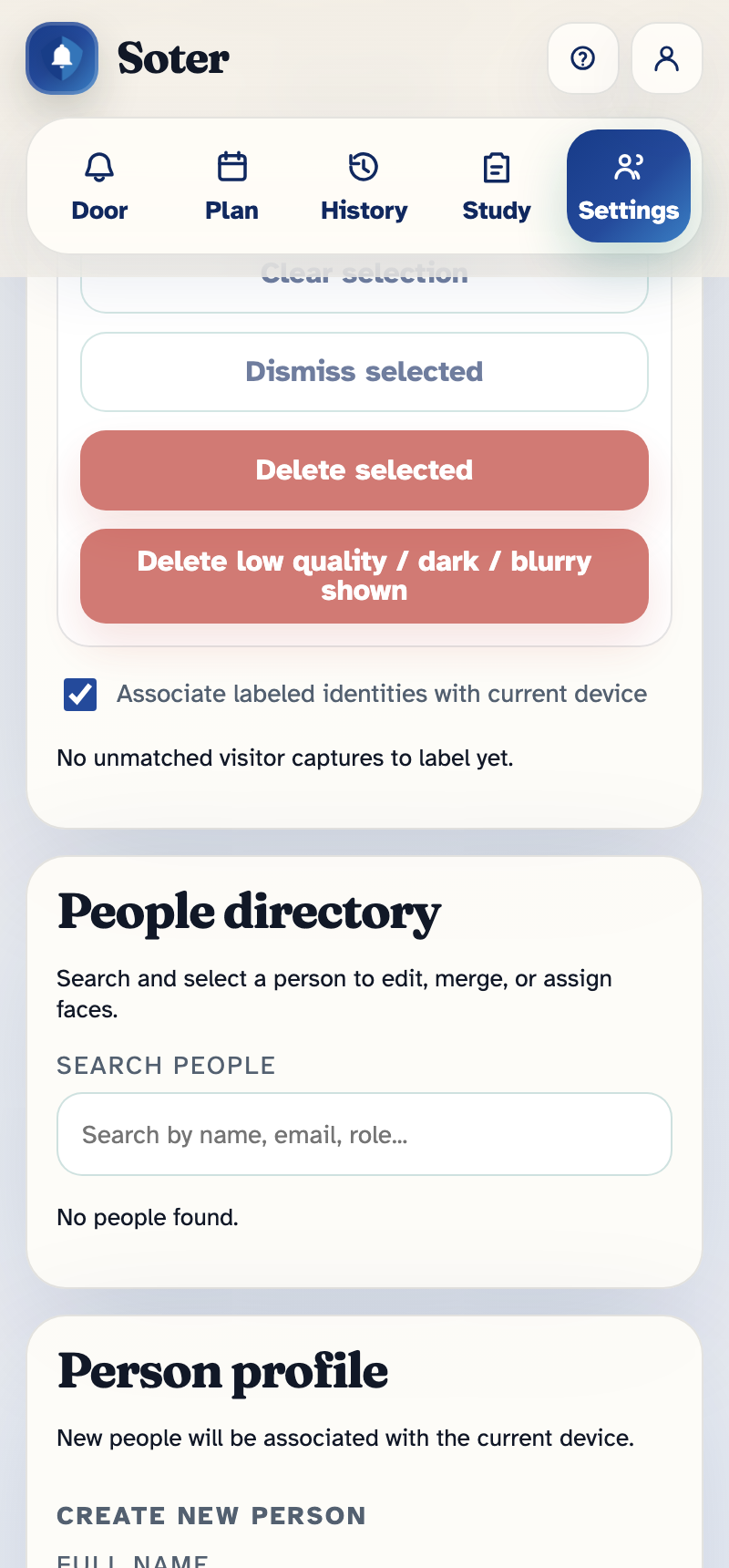 The People directory with search, the Person profile section for creating a new person, and the unmatched visitor capture actions above them