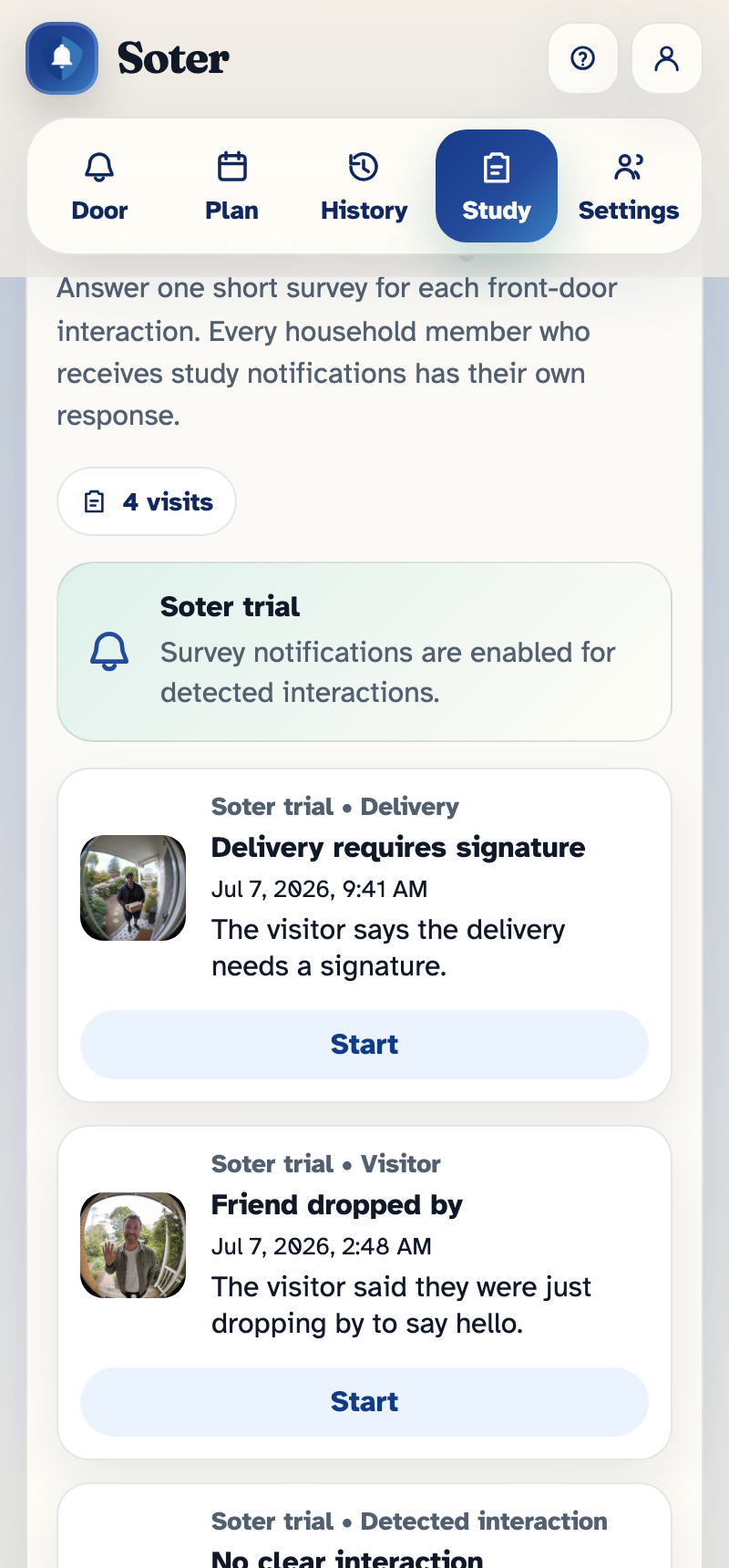 The Study tab showing a detected door interaction ready to survey with a Start button, a manual visit entry option, and the surveys overview beneath