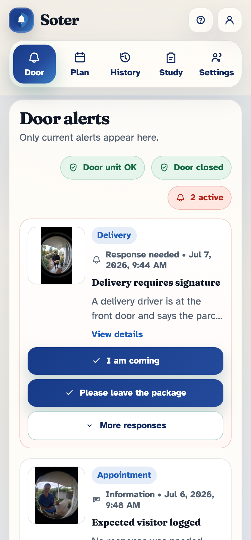 The Soter occupant app showing the Door alerts page with a delivery decision request